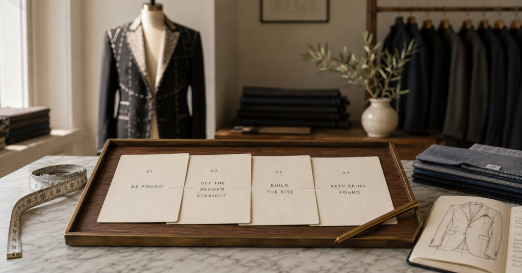 Four cream cards laid in order on a tailor's worktable, numbered one to four.